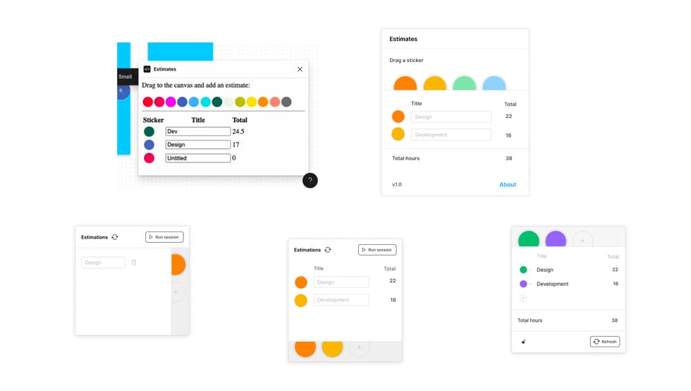 Different, half-finished UI designs for a FigJam widget.