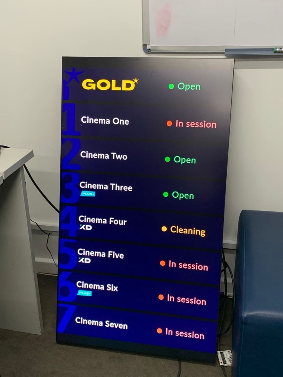 A vertical, large computer screen leans against a wall. It shows rows of cinema names, each with a status of 'In session', 'Open' or 'Cleaning'.