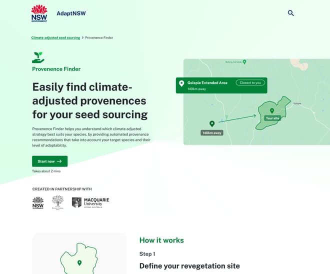 A screenshot of a landing page for 'Provenance finder', with the marketing title 'Easily find climate adjusted provenences for your seed sourcing'