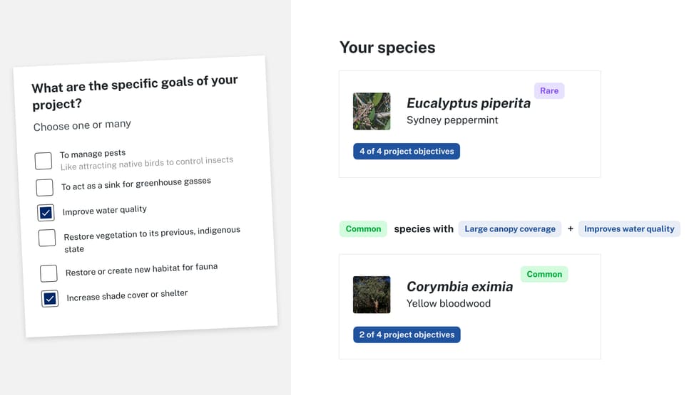 Mockup showing a checkbox form for the question 'What are the specific goals of your project?' and the boxes 'Improve water quality' and 'Increase shade cover or shelter' are chosen. On the right, the mockup shows 2 suggested species.