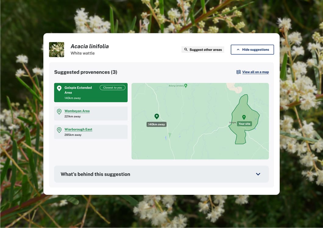 A screenshot of a UI showing 3 suggested areas for the species 'Acacia linifolia, White wattle'.