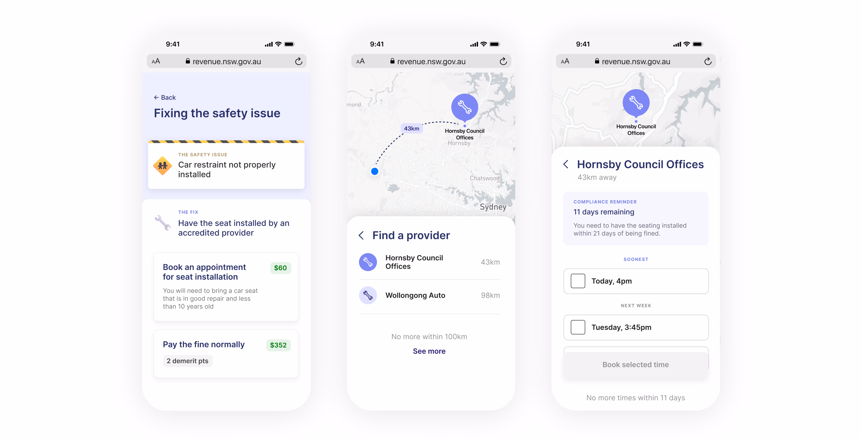 Screenshots eines Telefon-Flows mit Formularfeldern, über die eine Person auswählen kann, bei welchem Anbieter sie einen Termin buchen möchte und zu welcher Tageszeit.