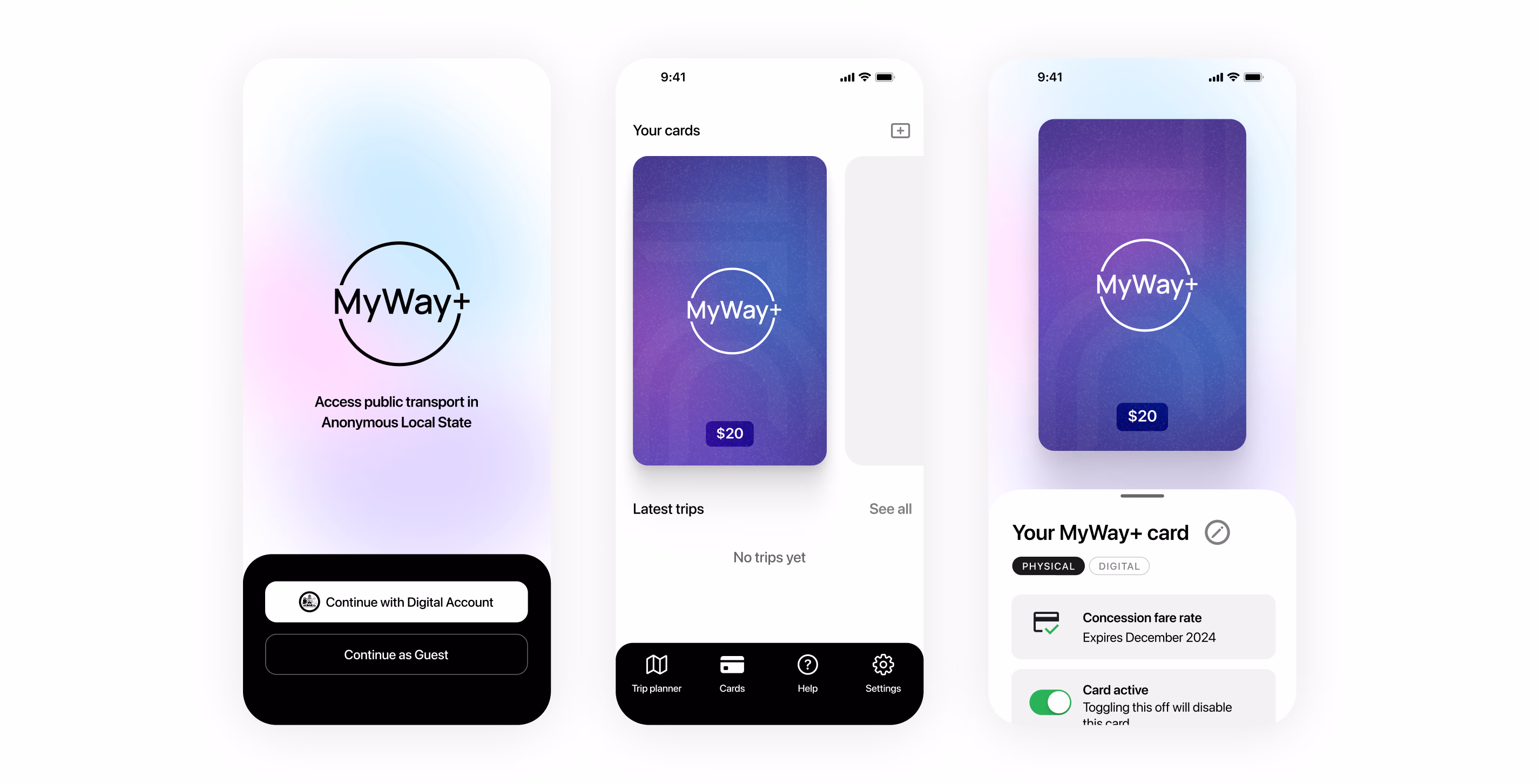 3 phone design screenshots side by side, showing a login screen for 'My Way +', and a digital purple card.